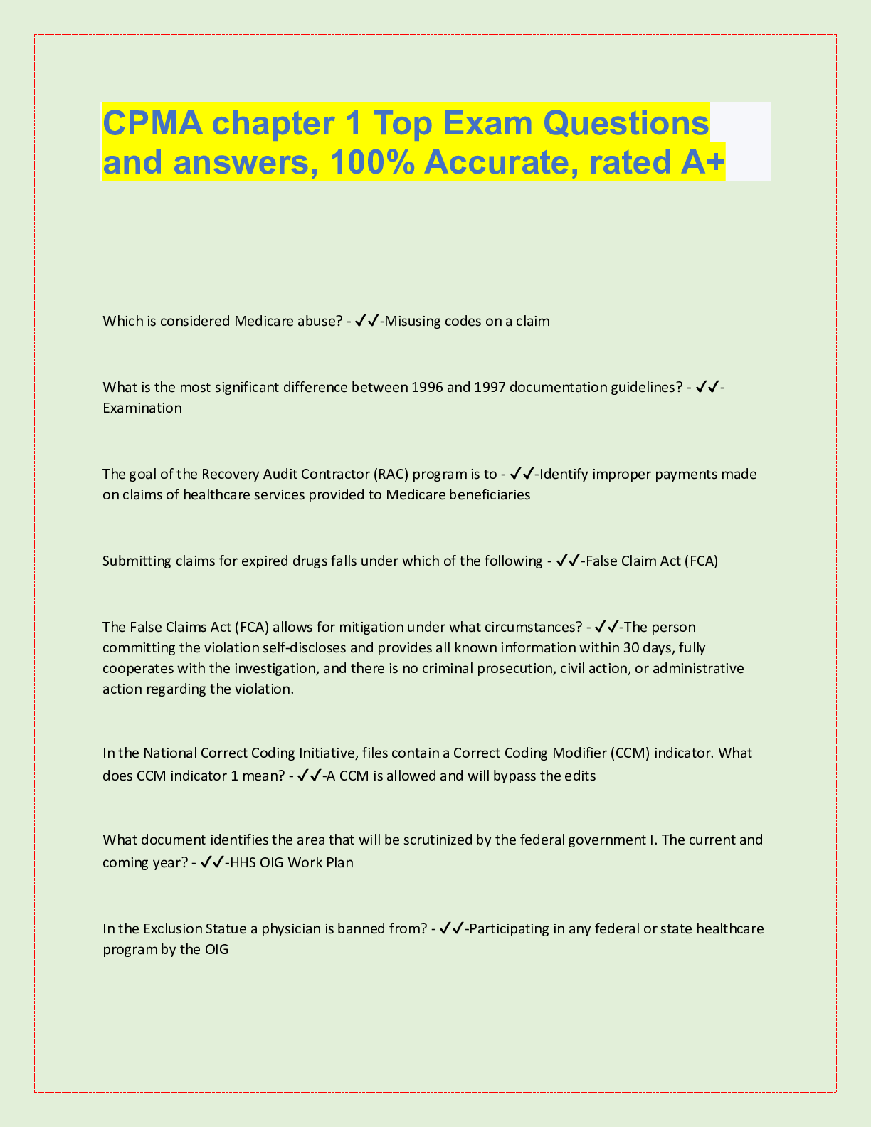 Preview image for CPMA chapter 1 Top Exam Questions  and answers, 100% Accurate, rated A+